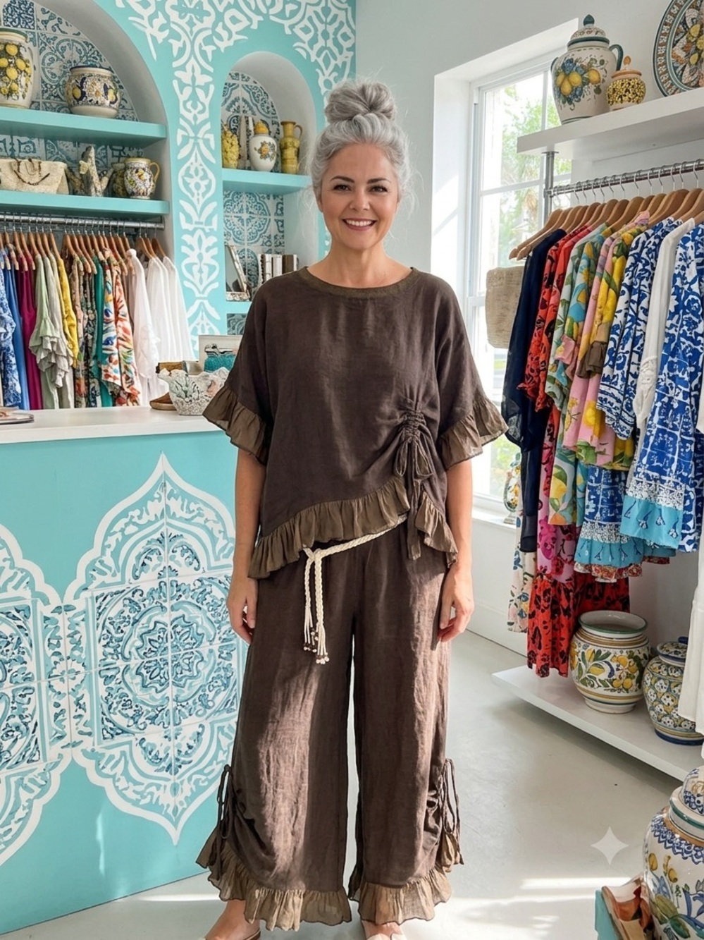 Rashasworld 100% linen chocolate silk ruffle Wide Leg Pants & Top Set O/S